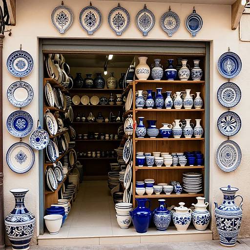 Photograph of a ceramic shop display with blue and white patterned plates, bowls, and vases on shelves and hanging above a doorway.