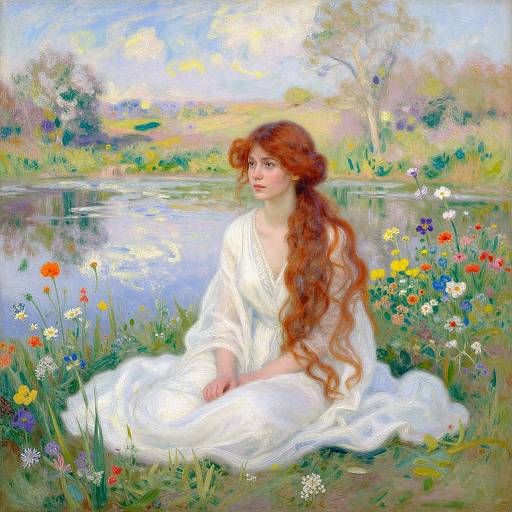 Impressionist painting of a red-haired woman with long curls, wearing a white dress, sitting by a reflective pond surrounded by colorful wildflowers.