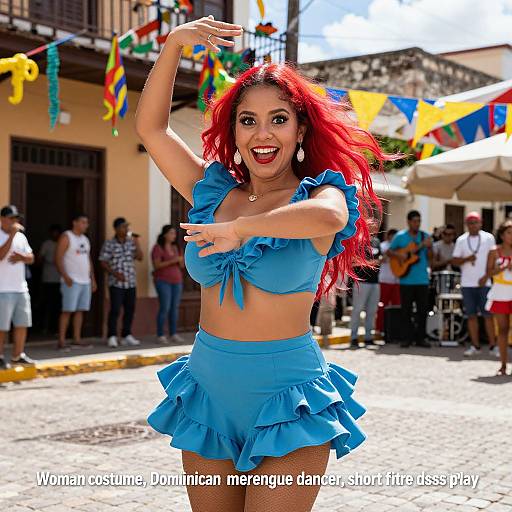 Photograph of a vibrant, red-haired woman dancing in a blue ruffled outfit, smiling energetically in a sunny, colorful street festival. Text