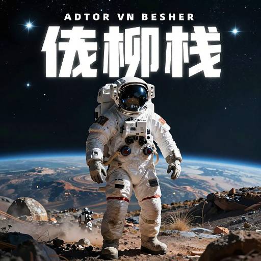 Digital artwork of an astronaut in a white spacesuit standing on a rocky, barren moon landscape with Earth in the background. Bold white text reads 