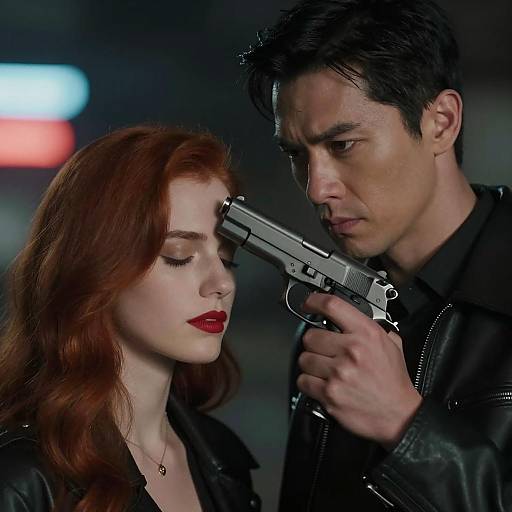 Man Holding Gun to Woman's Head in Dark Setting