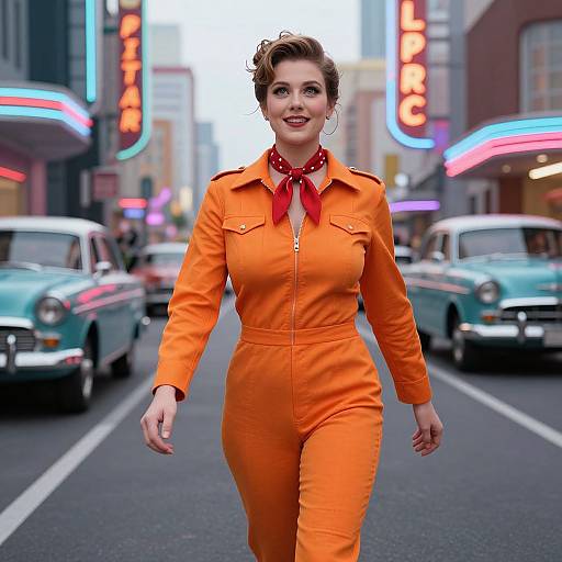 Photograph of a smiling woman in a bright orange jumpsuit with a red scarf, walking confidently down a neon-lit 1950s-style street