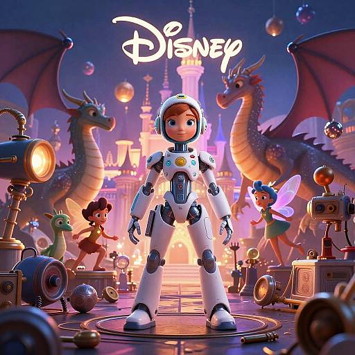 Digital Disney CGI image: Centered robotic fairy-tale character in white armor, surrounded by colorful fairy, dragon, and whimsical gadgets, under 