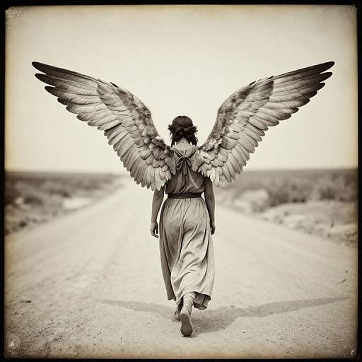Black-and-white photograph of an angelic figure with large wings, wearing a flowing dress, walking down a deserted road.