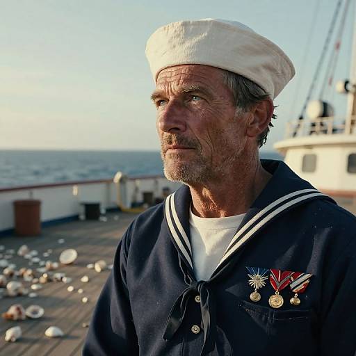 Photograph of an older, weathered sailor with gray hair, white cap, navy sailor shirt, and medals, standing on a sunlit ship deck