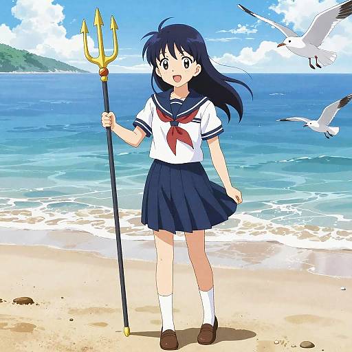 Anime Girl Marine on Sunlit Beach