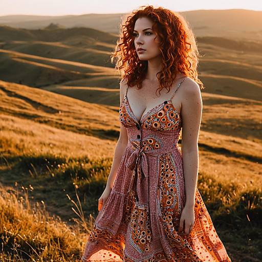 Redhead Woman in Bohemian Sundress at Sunset