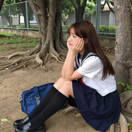 Serene Japanese Schoolgirl by Backpack