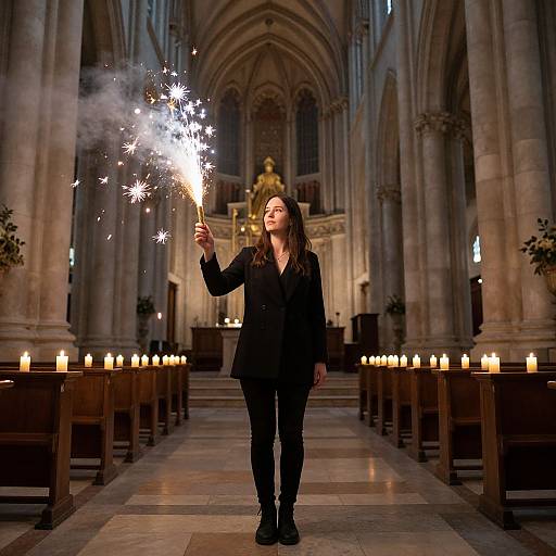 Photograph of a woman with long brown hair, wearing a black suit, standing in a dimly lit, gothic-style church, holding a lit