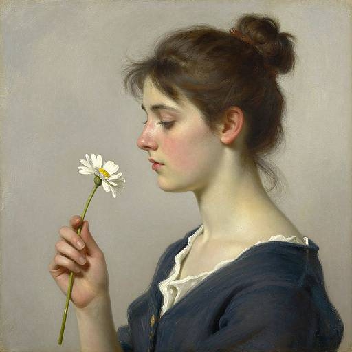 Photorealistic painting of a fair-skinned woman with dark hair in a bun, holding a white daisy, wearing a navy blouse, against a