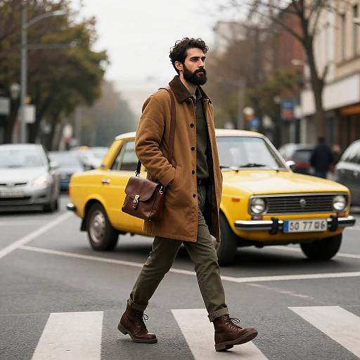 Urban Stroll with Vintage Car Background