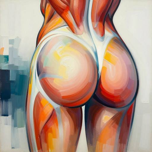 Abstract digital painting of a muscular, red-orange, and white-toned human buttocks, highlighting curves with bold, vibrant brushstrokes and a blurred