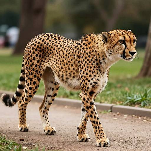 Photograph of a spotted cheetah standing on a paved path in a grassy, tree-filled park, with a blurred background.