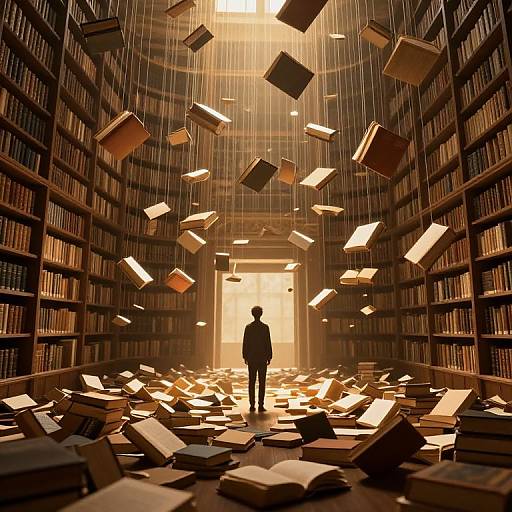 Digital art: Silhouetted figure stands in a vast, dimly lit library with floating, suspended books; warm, golden light illuminates the