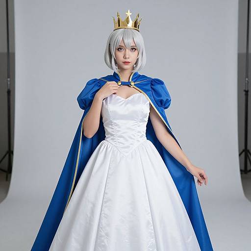 Photograph of a woman with short white hair, wearing a gold crown, blue cape, and white dress, standing against a plain white background.