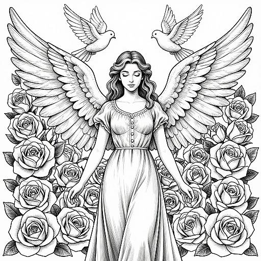 Black-and-white ink drawing of an angelic woman with large wings, surrounded by roses, with two birds perched above her head.