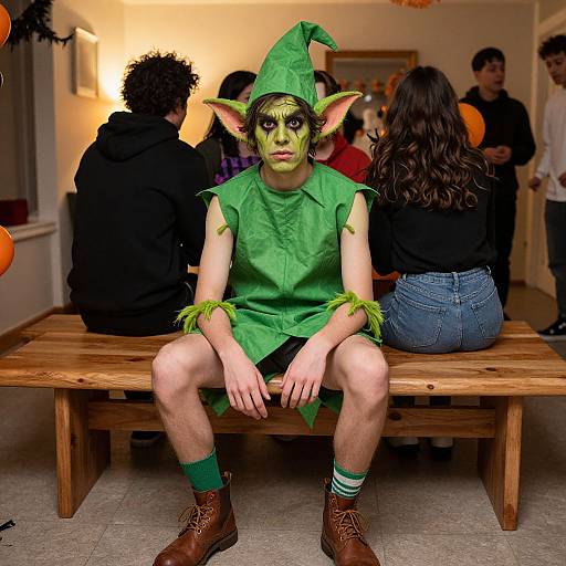 Photograph of a young man with green elf costume, makeup, and hat, sitting on a wooden bench, surrounded by casually dressed people in a warmly