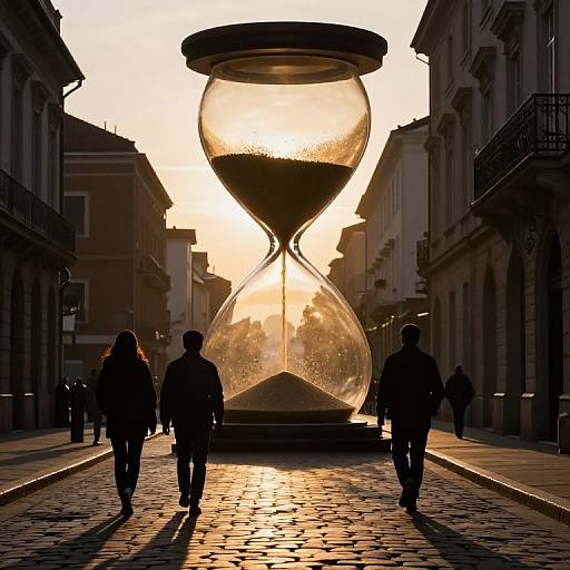 Photograph of a large, glowing hourglass sculpture at sunset in a cobblestone street, with silhouetted people walking towards it.