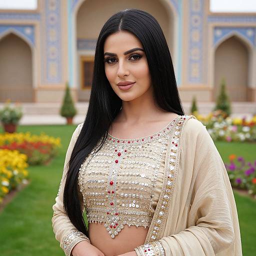 Photograph of a beautiful South Asian woman with long black hair, wearing a gold embroidered crop top and beige dupatta, standing in front of a colorful
