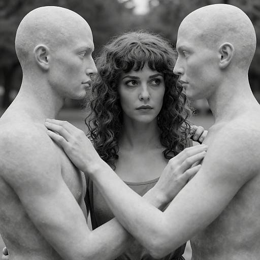 Woman Surrounded by Stone-Like Sculptures