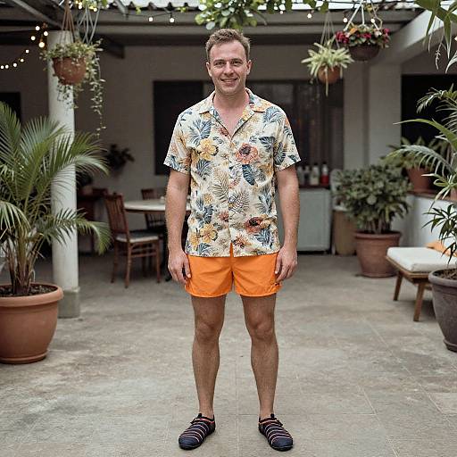 Photograph of a middle-aged man with short brown hair, wearing a floral shirt, orange shorts, and striped shoes, standing in a potted plant