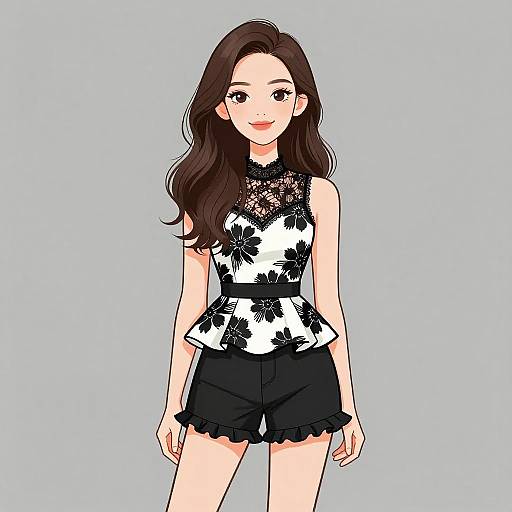 Digital anime-style drawing of a smiling Asian woman with long brown hair, wearing a black and white floral lace top and black shorts.