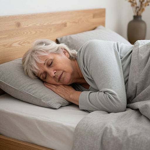 Photograph of an elderly woman with gray hair, closed eyes, and a peaceful expression, lying in bed with gray sheets and pillow, wearing a light