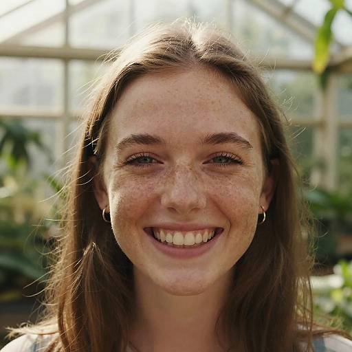 Smiling Young Woman with Freckles in Greenhouse