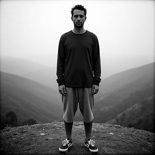 Black-and-white photograph of a bearded man with short, spiky hair, wearing a long-sleeve shirt, knee-length shorts, and sneakers