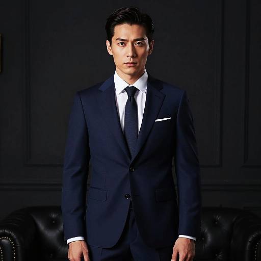Photograph of a young Asian man with short black hair, wearing a dark blue suit, white shirt, and black tie, standing in front of a