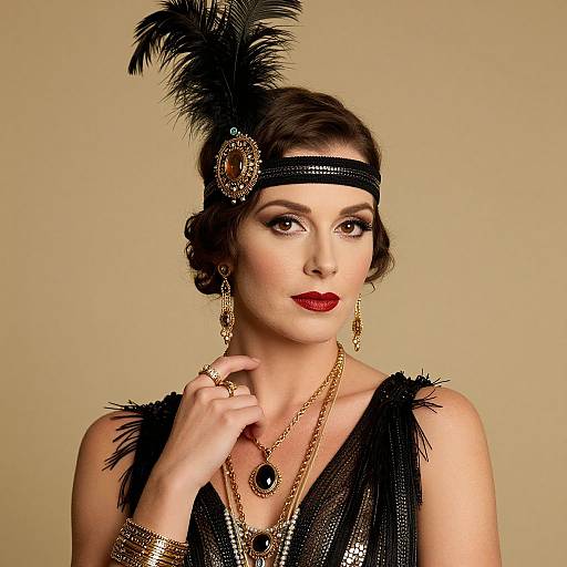 Vintage photograph of a fair-skinned woman with dark hair, wearing a black feather headband, sequined black dress, red lipstick, and gold jewelry