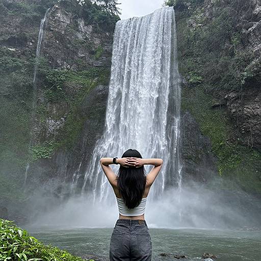 Photograph of a woman with long black hair, back to camera, arms raised, standing before a tall, cascading waterfall surrounded by lush greenery