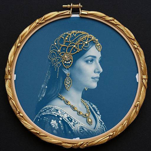 Photograph of a blue-toned portrait of a woman in ornate gold jewelry and headpiece, framed in a detailed gold circular brooch.
