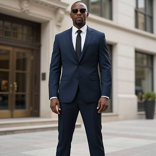 Photograph of a tall, bald, dark-skinned man in a black suit, white shirt, and black tie, wearing sunglasses, standing confidently on