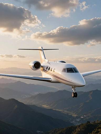 Business Jet Over Golden Mountain Range