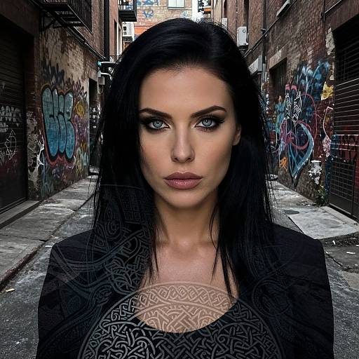 Photograph of a pale-skinned woman with striking blue eyes, black hair, and dark makeup, standing in a graffiti-laden urban alley. She