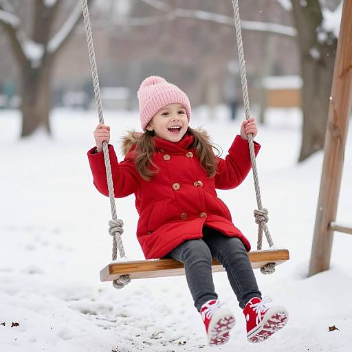 Joyful Little Girl Swinging in Snowy Park