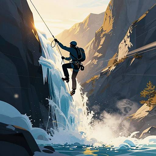 Digital illustration of a rock climber in silhouette, rappelling down a towering waterfall between steep, snow-covered cliffs at sunset.
