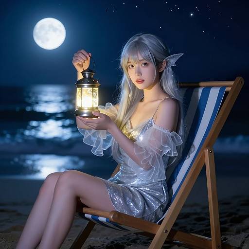 Photograph of a young Asian woman with long silver hair, elf ears, and a translucent, sparkling silver dress, holding a lantern on a beach chair
