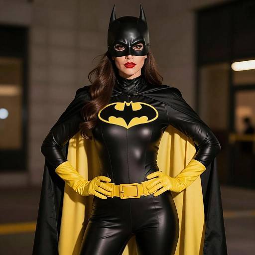 Confident Woman in Black and Yellow Batman Costume