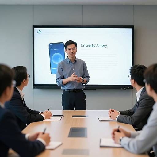 Photograph of an Asian male presenter in a blue shirt standing at a conference table, lecturing to four seated business professionals, with a projector screen behind