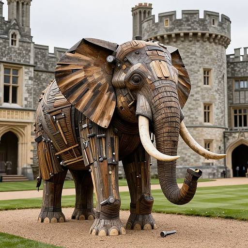 Photograph of a wooden, steampunk-style elephant sculpture with large, curved tusks, standing in front of a medieval stone castle.