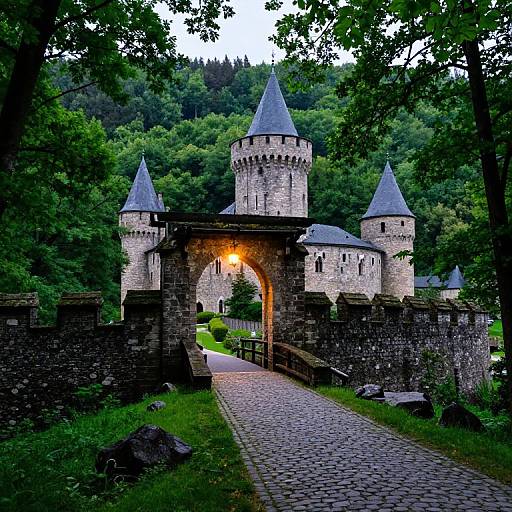 Photograph of a medieval stone castle with three conical towers, arched entrance, lit by a warm light, surrounded by lush green trees and a