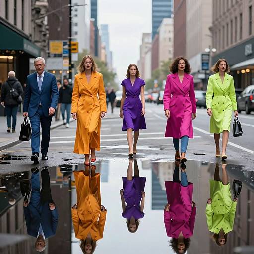 Photograph of four city pedestrians: older man in blue suit, four women in vibrant coats (orange, purple, pink, lime green), walking on