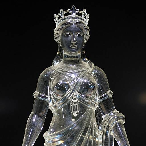 Glowing, translucent glass statue of a regal woman with a crown, draped in shimmering fabric, against a black background.