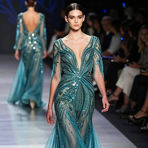 Photograph of a runway model in a deep V-neck, shimmering turquoise evening gown with intricate sequin patterns, walking under bright lights, with another