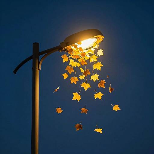 Photograph of glowing yellow autumn leaves illuminated by a streetlamp against a deep blue evening sky, with the lamp casting a warm, bright light.