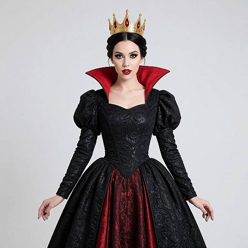 Photograph of a pale-skinned woman with black hair in a crown, wearing a black lace gown with red lining and high red collar, against a