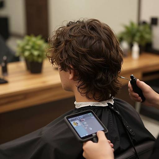 Photograph of a person with curly brown hair in a black barber chair, being styled while a smartphone displays social media. Background includes wooden counter and p
