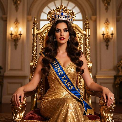Photograph of a regal woman with long black hair, wearing a gold sequin gown, blue sash with 